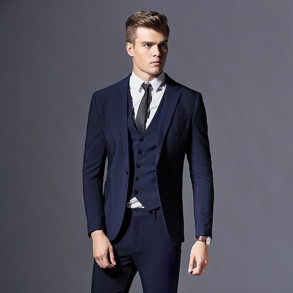 花花公子男士西服套装商务正装春季修身伴郎礼服黑蓝紫红色青年三件套