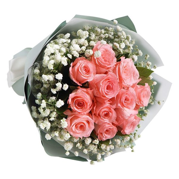 纯美时光----戴安娜粉玫瑰11枝,搭配白色满天星栀子叶