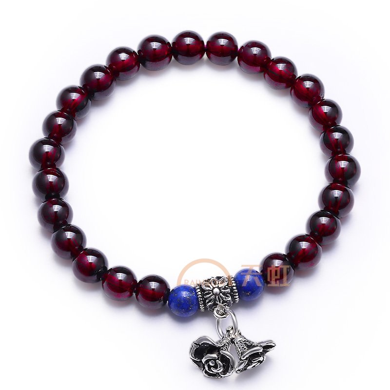 石玥珠宝 石榴榴配青金石玫瑰花银单圈手链 sy00152