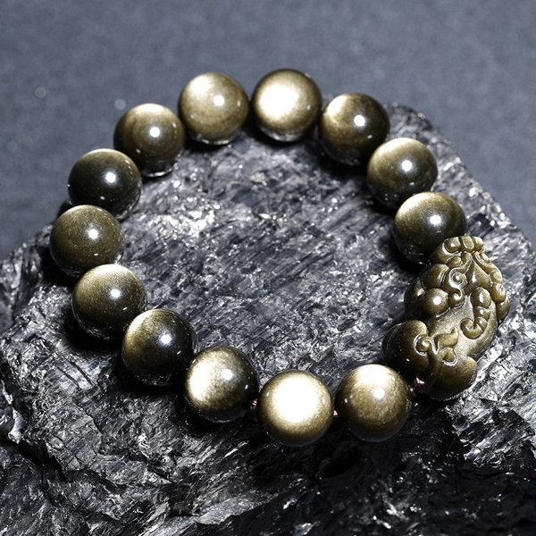 石玥珠宝 14mm金沙黑曜石手链貔貅金曜石手串 sy00223