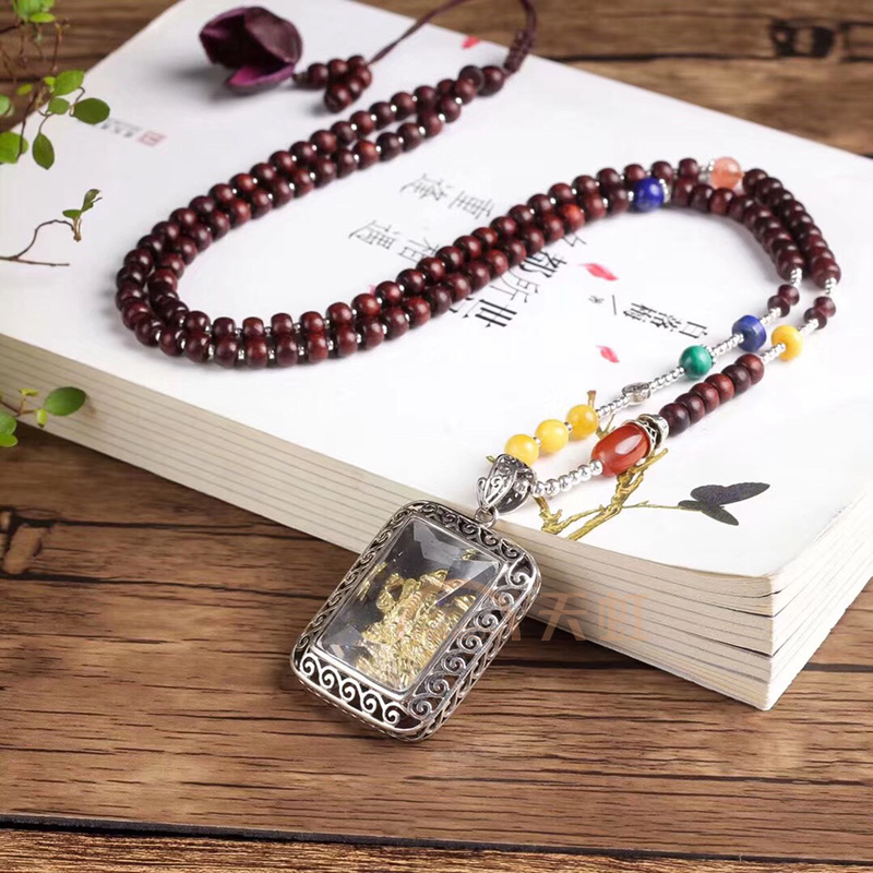 石玥珠宝s925银佛牌平安牌配红檀毛衣链项链6mmsy03009-其他-其他