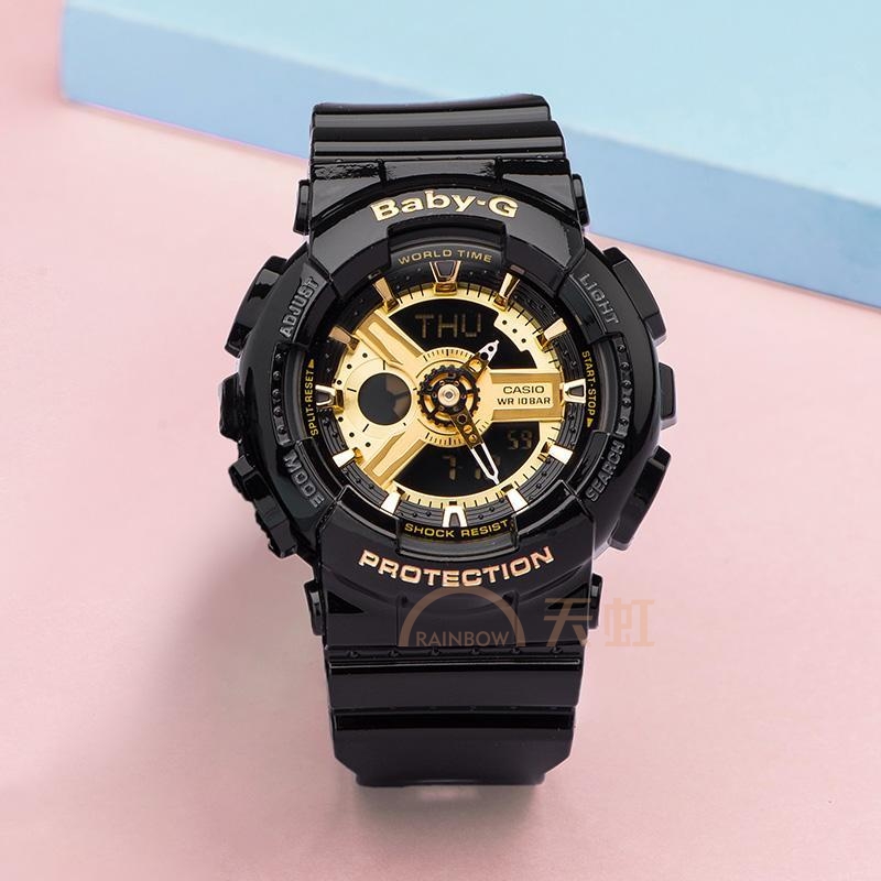 casio卡西欧手表女baby-g运动防水防震ba-110黑金夜光石英女手表-ba