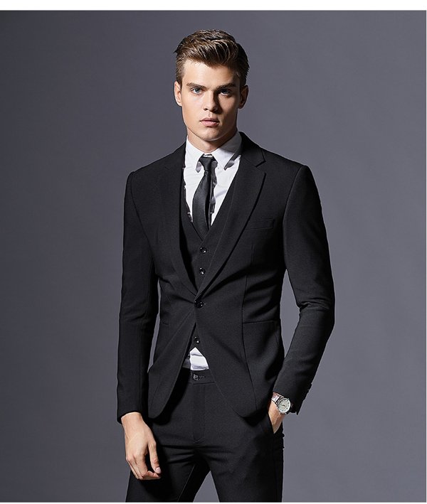 花花公子男士西服套装商务正装春季修身伴郎礼服黑蓝紫红色青年三件套